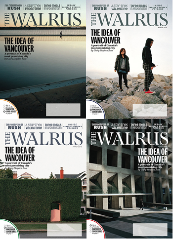 Four Vancouver covers of the March issue of The Walrus