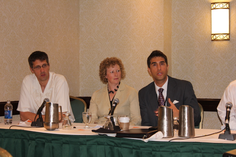 From left, panelists Niel Hiscox (Universus Media), Nancy Payne (editor of Kayak) and Ramzi Saad (Canadian Heritage) speak on public policy